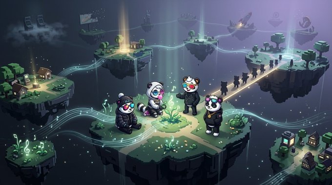 A whimsical digital artwork showing anthropomorphic animals (panda, red panda, raccoon, bear) wearing sunglasses and streetwear, standing on floating islands connected by glowing musical pathways.
