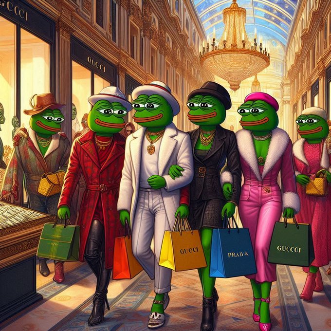 The image depicts a group of fashionable Pepe the Frog characters shopping at high-end luxury stores, with visible text on shopping bags reading "GUCCI" and "PRADA," along with a "GUCCI" storefront sign. The opulent setting and the characters confidently strutting with designer bags visually represent $PEPE's anticipated surge to luxury-tier status, reinforcing the poster's bullish sentiment about the token's imminent rise.