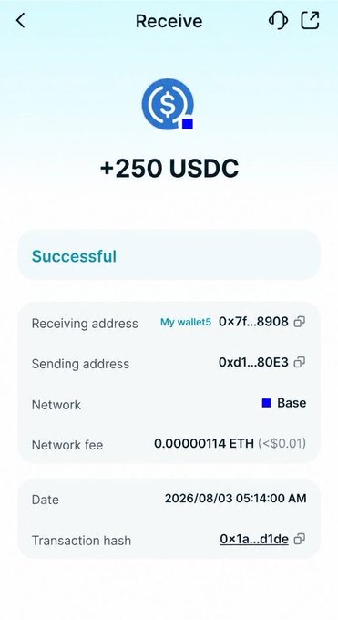 A successful crypto transaction shows a receipt of "+250 USDC" on the Base network, dated 2026/08/03. This image illustrates the $250 payment mentioned in the post, received while the user is in Lagos for @NFT__NG.
