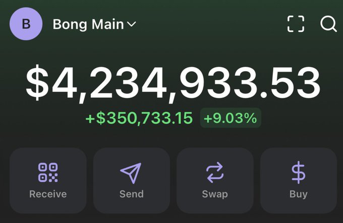 A mobile wallet app screenshot labeled 'Bong Main' showing a balance of $4,234,933.53 with a gain of +$350,733.15 (+9.03%), featuring Receive, Send, Swap, and Buy action buttons.