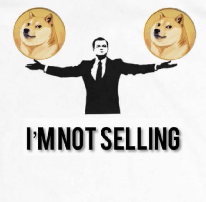 The image shows a meme featuring Leonardo DiCaprio with arms outstretched, balancing two Doge coin illustrations (the Shiba Inu dog) on each hand, with bold text reading "I'M NOT SELLING" below. The post humorously references $DOGE as the only meme coin the holder refuses to sell, with the Leonardo meme reinforcing their strong conviction to hold onto Doge through any volatility.