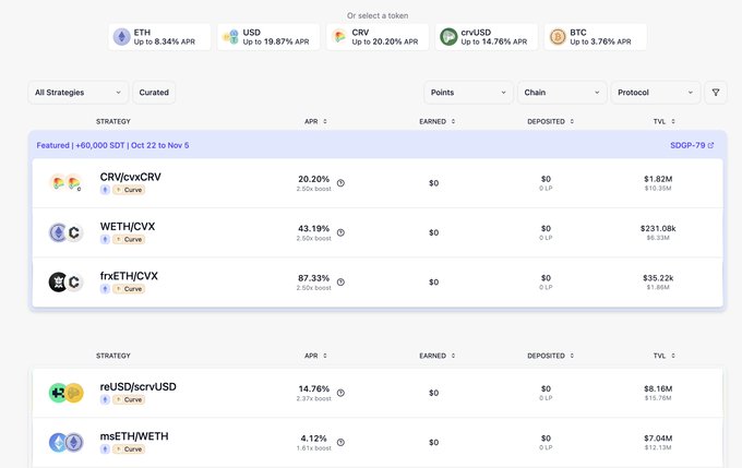 A DeFi yield dashboard lists strategies including CRV/cvxCRV, WETH/cvCRV, frxETH/cvCRV, reUSD/srcvUSD, and msETH/WETH, with APR, earned, deposited, and TVL columns.