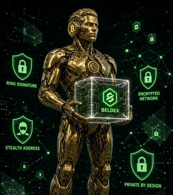 A digital illustration of a golden robotic figure holding a glowing cube labeled "BELDEX," surrounded by green icons for "RING SIGNATURE," "ENCRYPTED NETWORK," "STEALTH ADDRESS," and "PRIVATE BY DESIGN."