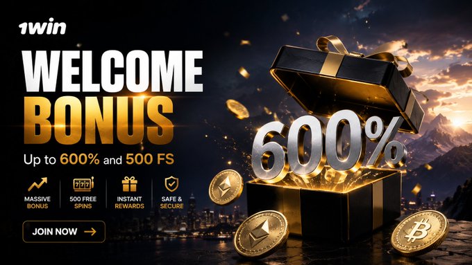 A promotional advertisement for '1win' featuring a 'WELCOME BONUS' of up to 600% and 500 free spins, showing a gift box, gold coins, and features like 'MASSIVE BONUS' and '500 FREE SPINS'.