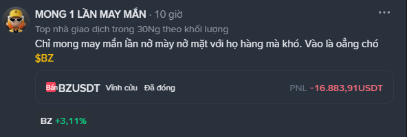 A Vietnamese-language social media post titled 'MONG 1 LẦN MAY MẮN' showing a trading result for BZUSDT with a loss of 'PNL -16.883,91USDT' and BZ +3,11%.