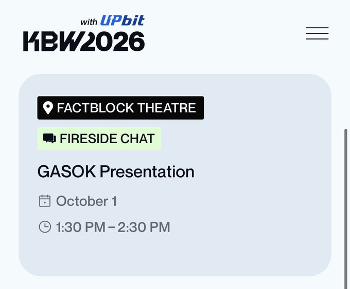 A digital event card for 'KBW2026 with UPbit' featuring a 'FIRESIDE CHAT' labeled 'GASOK Presentation' at 'FACTBLOCK THEATRE' on October 1 from 1:30 PM – 2:30 PM.