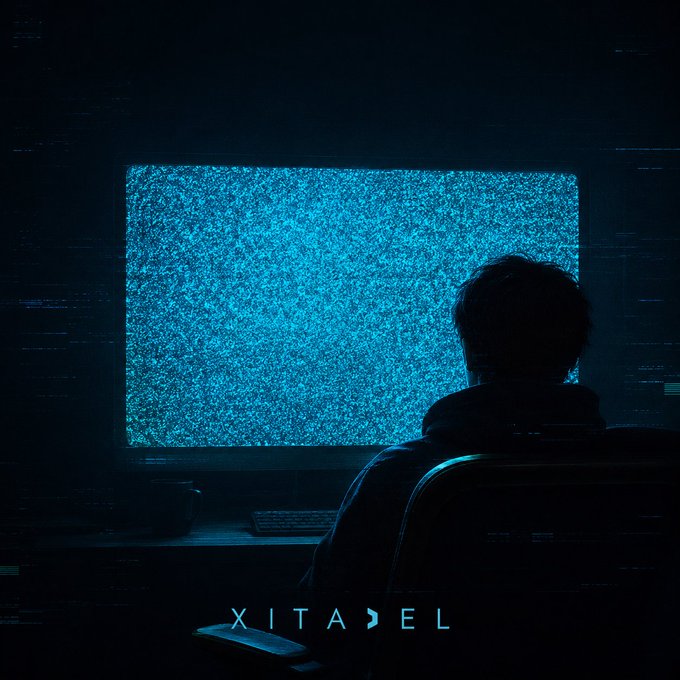 A silhouetted figure sits in a dark room facing a glowing monitor filled with blue TV static, with the word "XITADEL" displayed below—evoking the mystery of a new project coming online and hinting at the unveiling of Xitadel's upcoming tool for Solana founders.