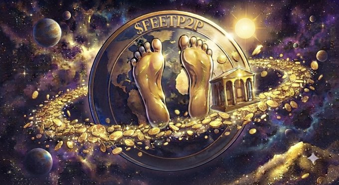 A digital illustration of a crypto coin labeled '$FEETP2P' shows two golden feet standing on a globe, surrounded by gold coins, planets, and a small temple against a cosmic backdrop.
