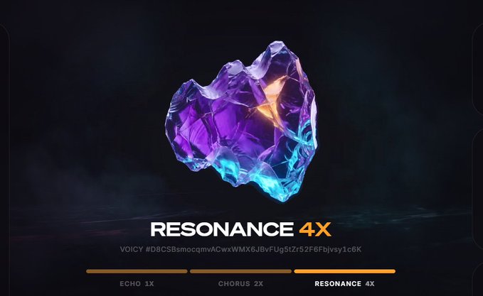 A promotional graphic displaying a glowing purple and blue crystal with the text 'RESONANCE 4X' and a voice synthesis code below it.