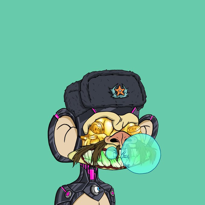 A digital illustration of a cartoon monkey wearing a black ushanka hat with a star, a robotic suit, and blowing a green bubble gum bubble against a mint green background.