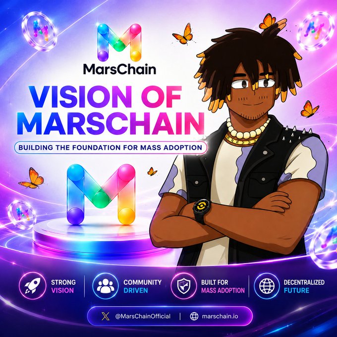 A promotional graphic for 'MarsChain' featuring the tagline 'VISION OF MARSCHAIN: BUILDING THE FOUNDATION FOR MASS ADOPTION' alongside an illustrated character with dreadlocks and a spiked vest, and social handle @MarsChainOfficial.