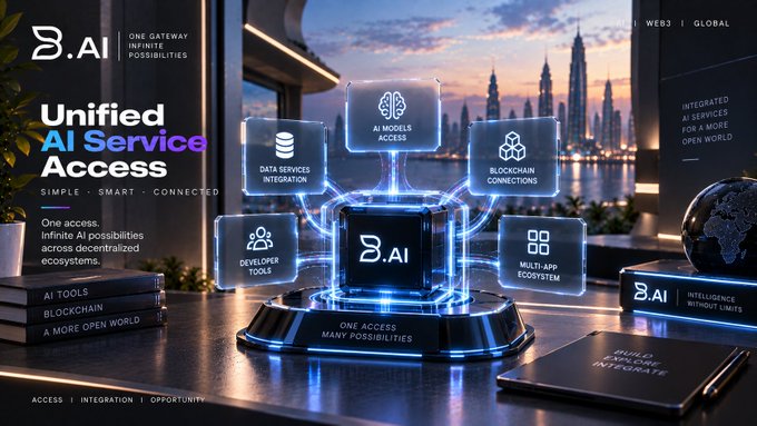 A promotional graphic for 'B.AI' featuring the tagline 'Unified AI Service Access' with text 'ONE GATEWAY. INFINITE POSSIBILITIES' and icons for AI Models, Blockchain, Data Services, and more.