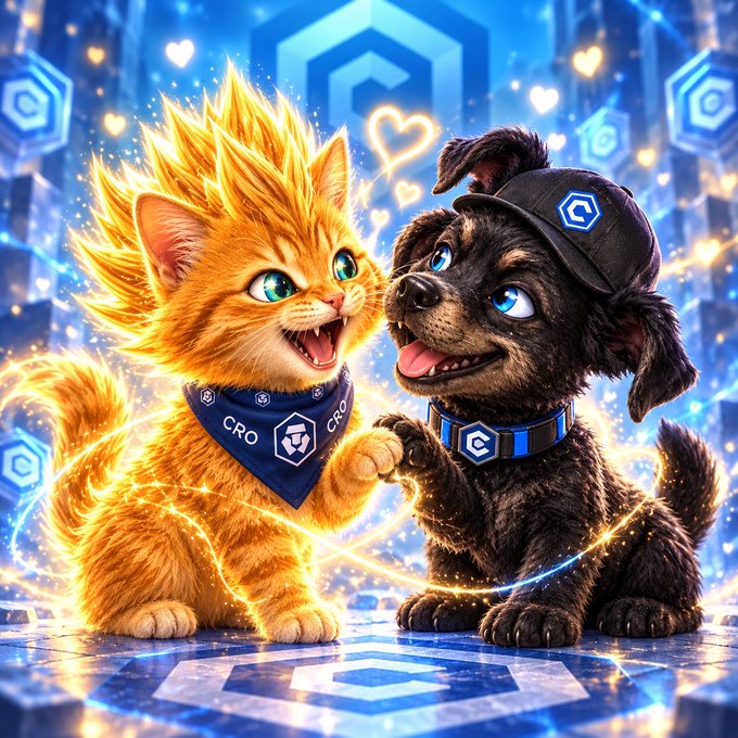 A vibrant digital illustration of a glowing orange kitten with a 'CRO' bandana and a dark puppy wearing a cap, sitting together amid blue hexagonal patterns and a heart.