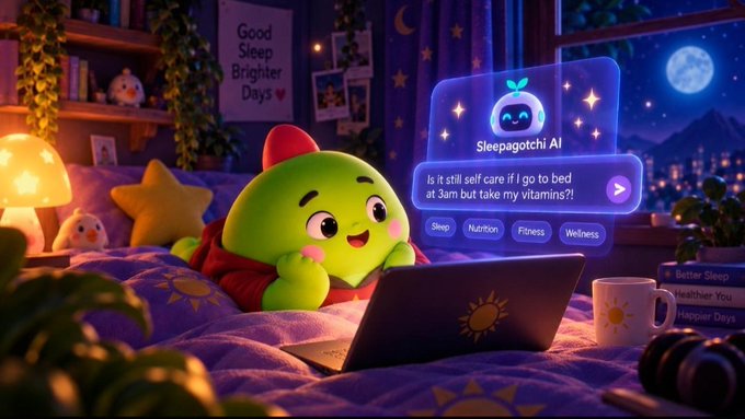 A green cartoon dinosaur character lies on a bed using a laptop, interacting with "Sleepagotchi AI" asking "Is it still self care if I go to bed at 3am but take my vitamins?!"
