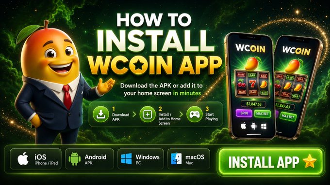 A promotional graphic titled "HOW TO INSTALL WCOIN APP" featuring a smiling cartoon orange mascot in a suit, alongside two smartphones displaying the WCOIN gaming app with slot-style reels, and a 3-step installation guide (Download APK → Install/Add to Home Screen → Start Playing) for iOS, Android, Windows, and macOS with an "INSTALL APP" button. The image visually supports the post by showcasing the WcoinHQ app's cross-platform availability and easy installation process for seamless gaming across devices.