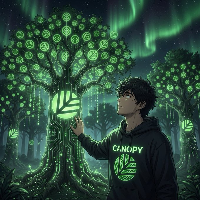 Illustration of a person wearing a 'CANOPY' hoodie touching a glowing green digital tree with circuit-board patterns under the aurora borealis.