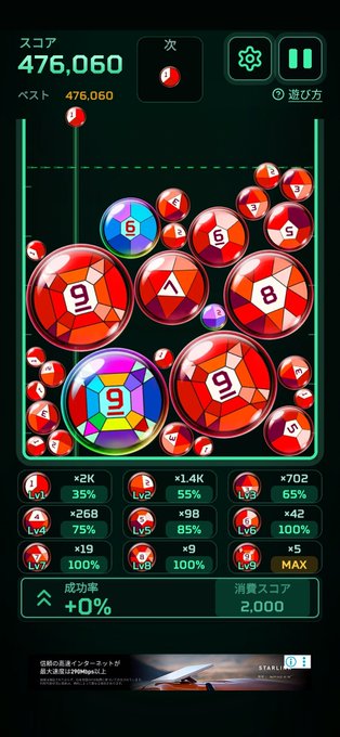 A mobile game screenshot showing a score of 476,060 with colorful numbered balls, level indicators (Lv1 to Lv9), and various percentage stats in Japanese.