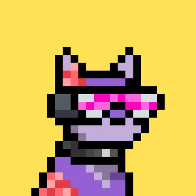 Pixel art of a character wearing a purple horned helmet, pink sunglasses, and a purple outfit against a solid yellow background.