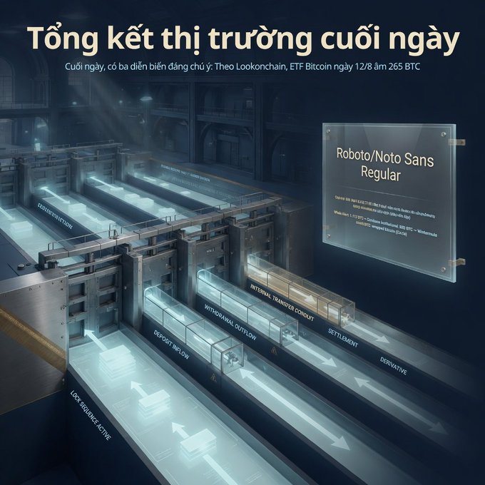 A stylized digital illustration depicts an industrial facility with glowing cyan-lit channels labeled "SETTLEMENT," "DERIVATIVE," and "WITHDRAWAL OUTFLOW," alongside a glass display reading "Roboto/Noto Sans Regular," all overlaid with the Vietnamese header "Tổng kết thị trường cuối ngày" (End-of-day market summary) referencing Bitcoin and Ethereum ETF flows. The futuristic financial processing imagery visually reinforces the post's market recap about Bitcoin ETF outflows of 265 BTC and Ethereum ETF inflows of 3,823 ETH on 12/8.