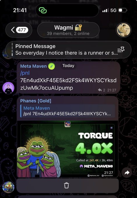 A Telegram chat screenshot for the 'Wagmi' group shows a pinned message about a runner, followed by messages from 'Meta Maven' with wallet addresses and a meme card reading 'TORQUE 4.0X Called at 241.4K'.