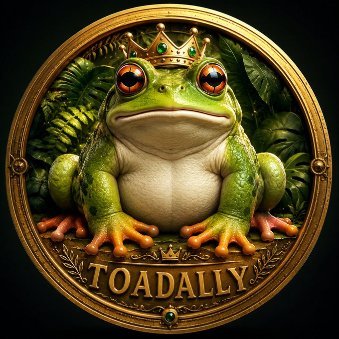 A golden coin-style emblem features a crowned frog in a jungle setting with the word 'TOADALLY' inscribed at the bottom.