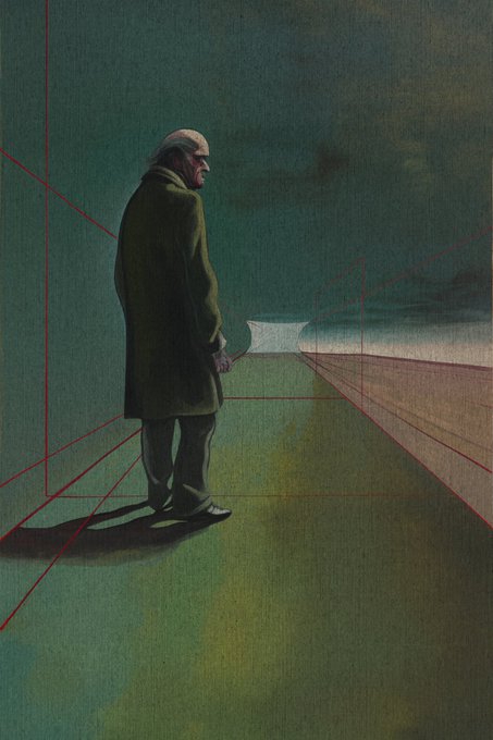 Painting of a bald man in a long coat standing in a green landscape with red perspective lines, looking out toward a distant light.