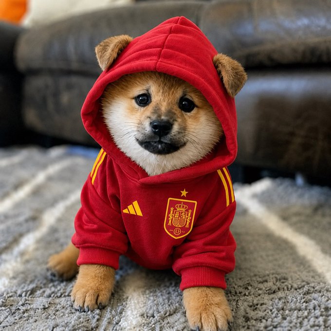 An adorable Shiba Inu puppy wearing a red Spain national team hoodie with the Spanish coat of arms, sitting on a carpet in front of a brown leather couch.