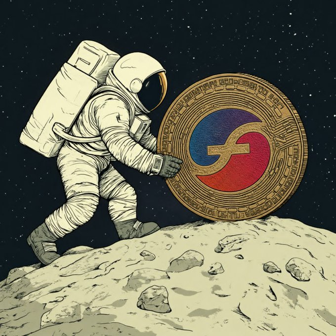 An illustrated astronaut pushes a large gold coin bearing a red-and-blue symbol across the surface of the moon.