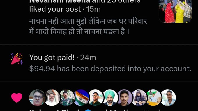 A social media feed shows likes from users including 'Nevansh Meena' and a Hindi comment, followed by a notification stating 'You got paid! 24m $94.94 has been deposited into your account.', above a post with multiple profile pictures.