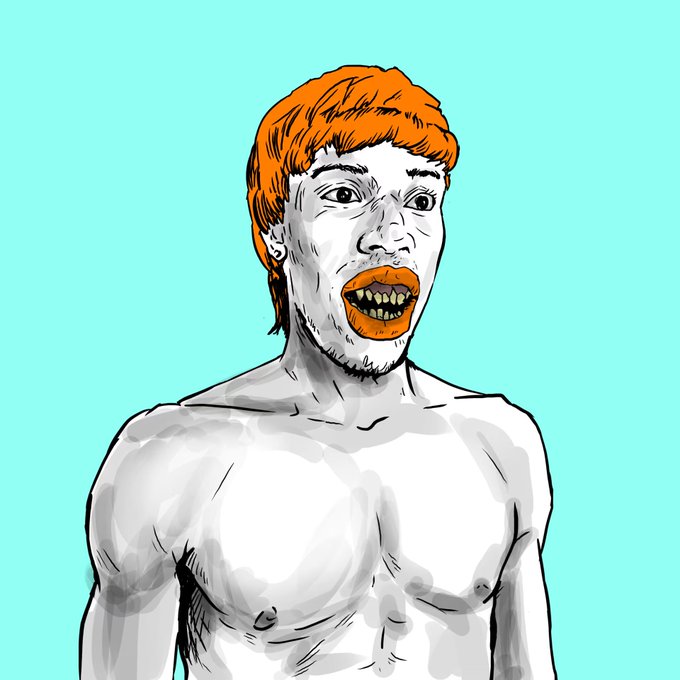 A stylized digital illustration depicts a shirtless young man with bright orange hair and a matching orange beard, displaying an exaggerated open-mouthed expression against a teal background.