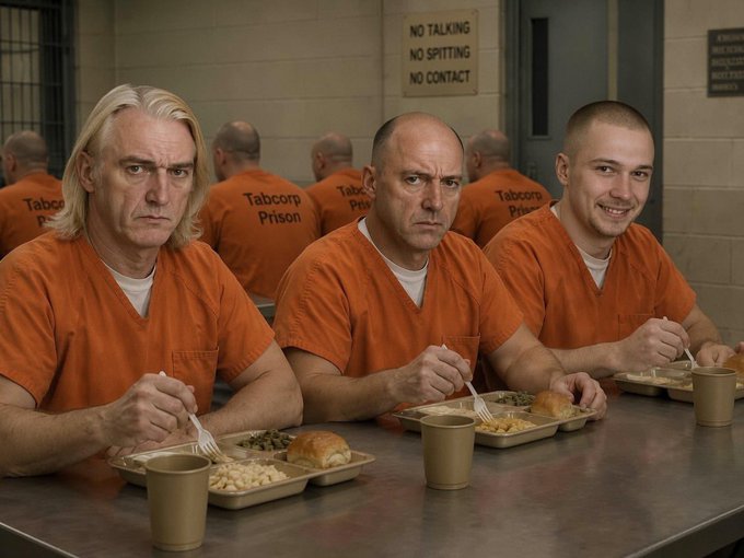 Three men in orange "Tabcorp Prison" uniforms sitting at a metal table eating from divided trays, with a wall sign behind them listing rules: "NO TALKING, NO SPITTING, NO CONTACT."