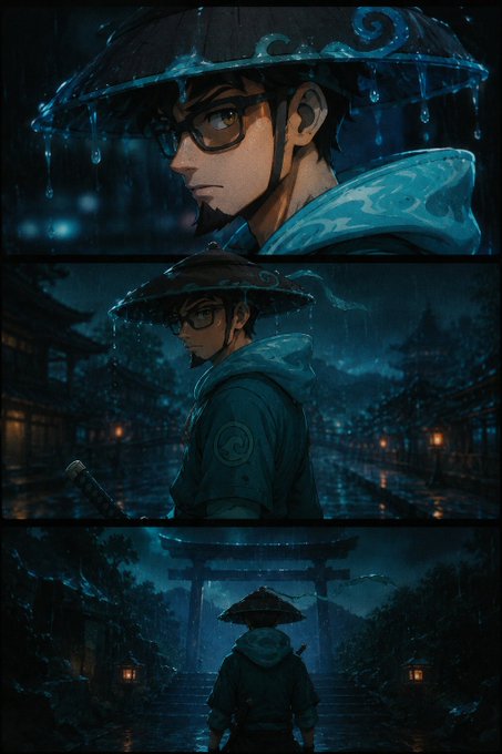 The image features a man wearing glasses, a blue hat, and holding a sword while standing under an umbrella. He appears to be walking through a dark alleyway with buildings visible behind him. The caption reads "GM and Happy Thursday". This suggests that the image is related to a post on social media or a website where people share their daily lives or experiences.