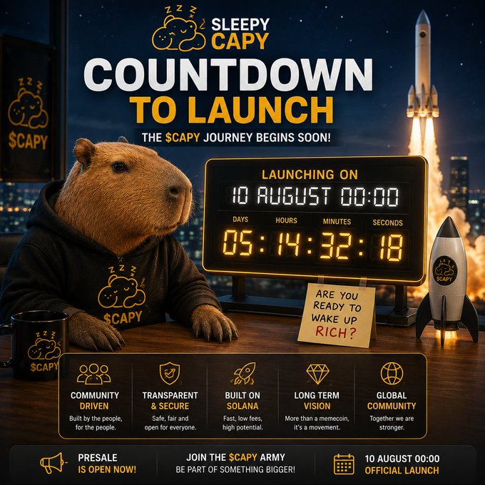 A promotional graphic for '$CAPY' features a capybara wearing a branded hoodie next to a digital countdown timer showing '05:14:32:18' until launch on '10 AUGUST', with text reading 'SLEEPY CAPY COUNTDOWN TO LAUNCH'.