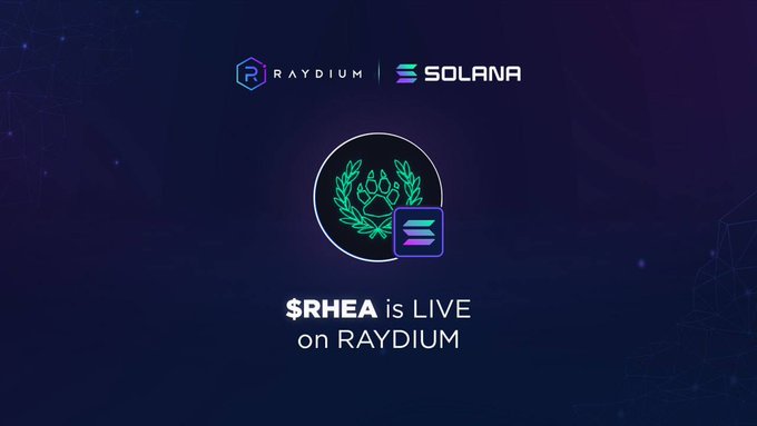 The image features a logo with a green circle containing a white laurel wreath inside of it. The text "Rayium" is written above the logo, and below it, there's an announcement about a new project called "rhea". The project is being sponsored by Solana, as indicated by the text "Solana" in the image.