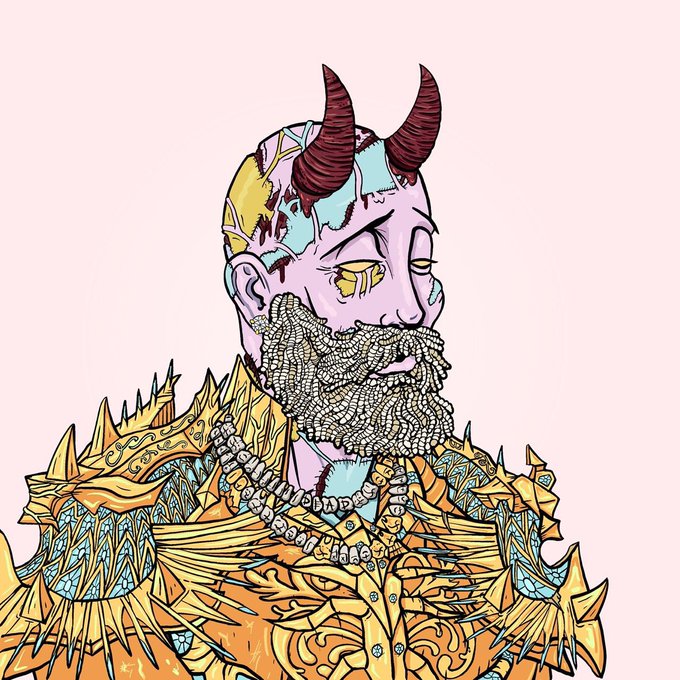 An illustrated fantasy portrait depicts a horned figure with a cracked, multicolored head and a textured beard, wearing elaborate golden spiked armor.