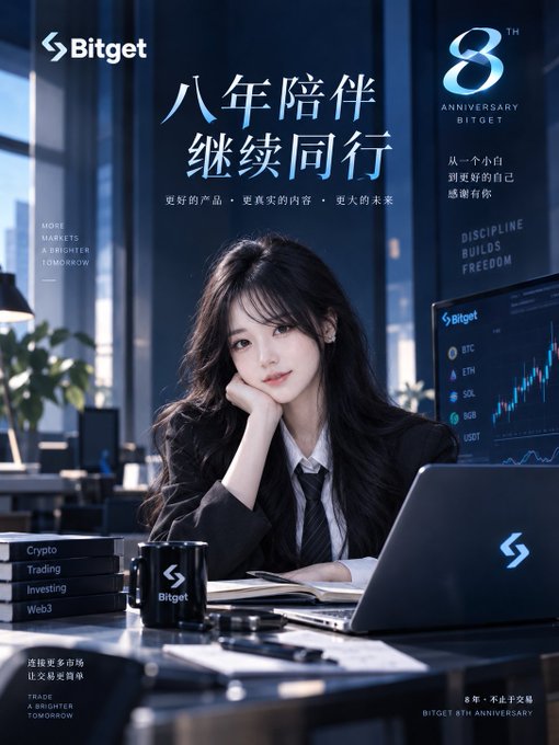An advertisement for Bitget's 8th Anniversary features a young woman at a desk with trading charts, with text including '八年陪伴 继续同行' and 'DISCIPLINE BUILDS FREEDOM'.