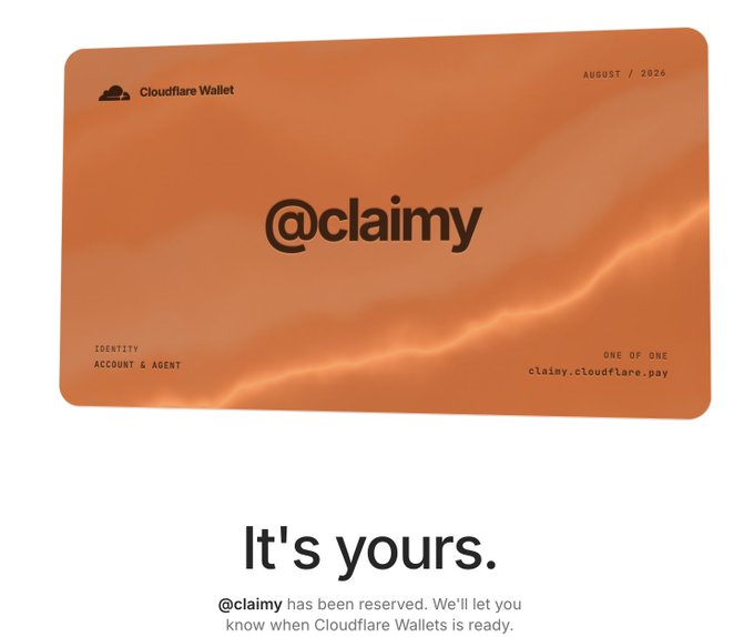 An orange Cloudflare Wallet digital card with 'AUGUST / 2024' displays the reserved handle '@claimy' with the message 'It's yours.' and the website claimy.cloudflare.pay.