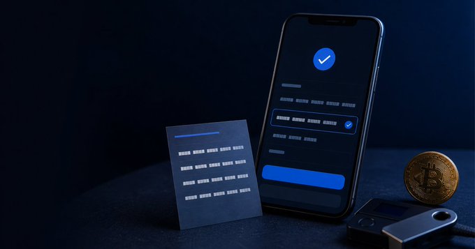 A smartphone displays a verification screen with a checkmark icon and a password entry field, accompanied by a credit card, a physical Bitcoin, and a USB security key on a dark surface.