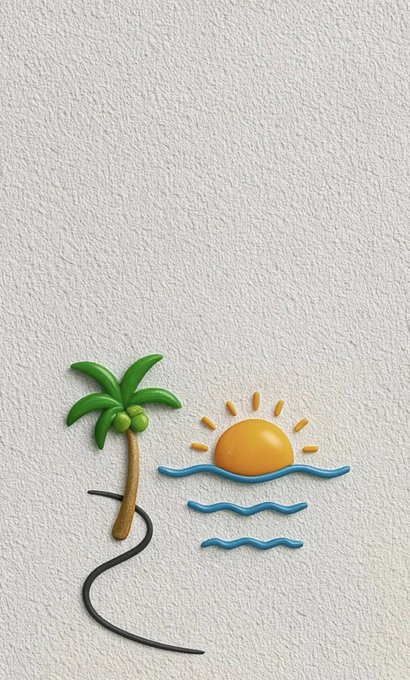 A 3D-rendered illustration on a textured white background features a green palm tree, a yellow sun, and blue wavy ocean lines, with a black curved line extending downward to evoke a tropical, relaxed vibe fitting the "Gm Crypto" greeting.