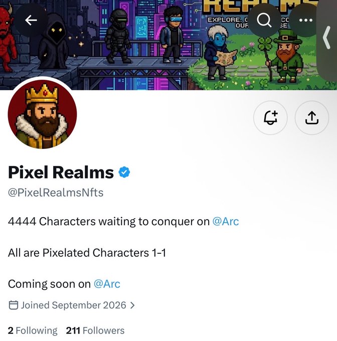 A Twitter/X profile for Pixel Realms (@PixelRealmsNfts) advertising 4444 pixelated characters coming soon on @Arc, with 211 followers and pixel art characters in the banner.