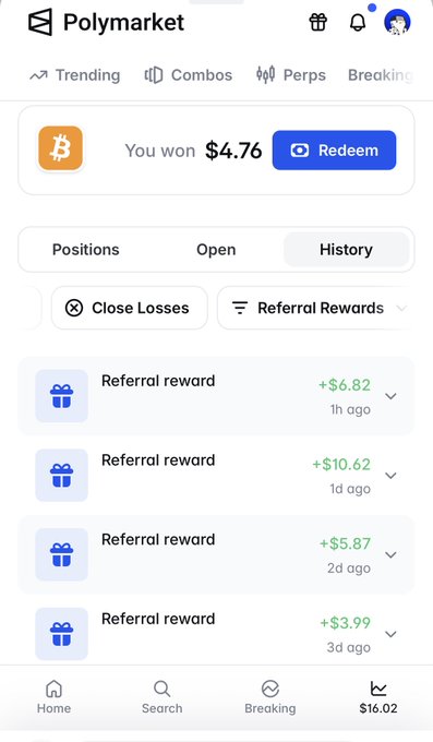 A screenshot of the Polymarket app history tab showing referral rewards of +$6.82, +$10.62, +$5.87, and +$3.99 earned over the past three days.
