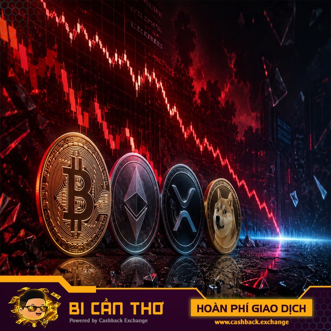 Dramatic promotional image for 'Bí Cân Thơ' (Cashback Exchange) showing Bitcoin, Ethereum, XRP, and Dogecoin coins against a red downward-trending candlestick chart background, with text reading 'HOÀN PHÍ GIAO DỊCH'.