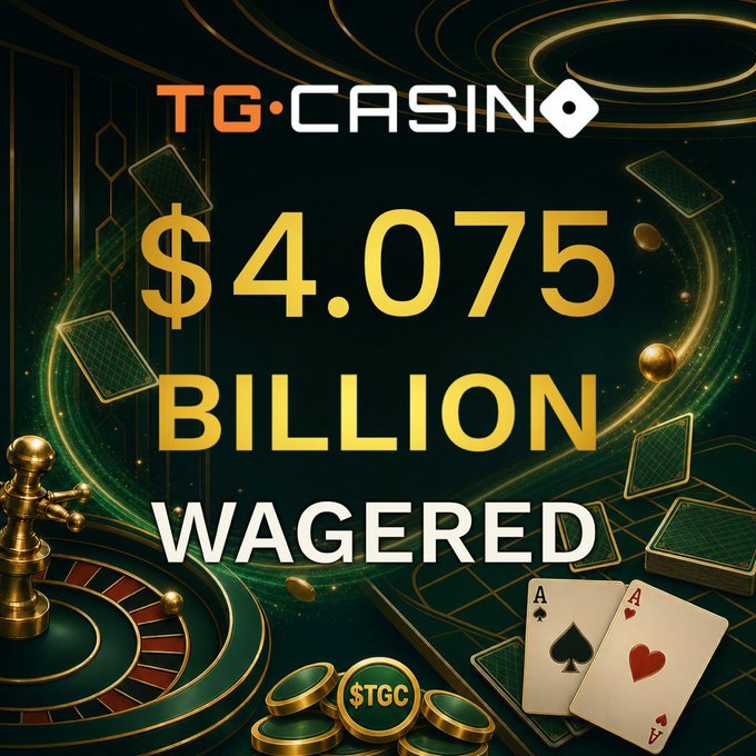 A TG Casino promotional graphic displaying '$4.075 BILLION WAGERED' with playing cards, a roulette wheel, and $TGC chips.