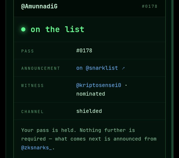A digital interface shows an entry for @Amunnadic on a list with pass #0178, an announcement on @snarklist, and witness @Kriptosensei0 nominated.