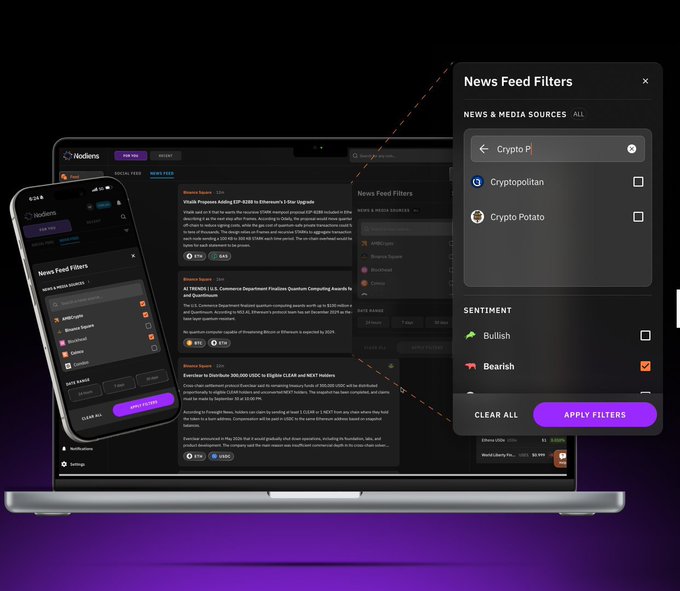 A promotional image showing the Hodlers news feed platform on laptop and mobile devices, featuring news feed filters for crypto sources like Cryptopolitan and Crypto Potato, with sentiment filters (Bullish/Bearish) and an 'Apply Filters' button.