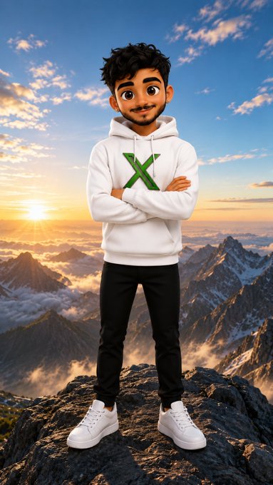 A 3D animated character with a beard wearing a white hoodie with a green 'X' stands on a mountain peak at sunset.