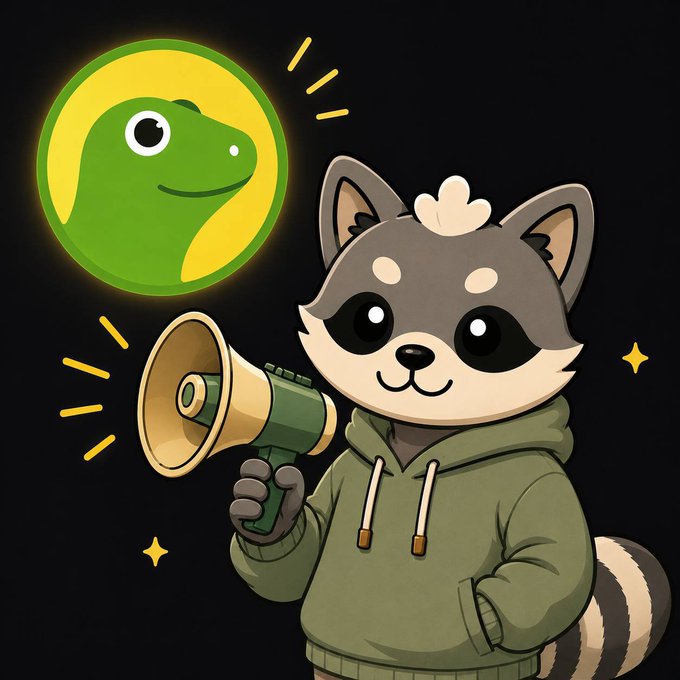 A digital illustration of a cute cartoon raccoon wearing a green hoodie and holding a megaphone, standing next to a glowing green and yellow logo featuring a smiling lizard/gecko face.