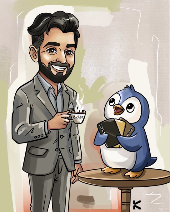 A cartoon image depicting a man in a suit standing next to an animated penguin holding up some paper with "KAST" written on it, which implies that the man could be selling his goods or services for this foreign currency called "Kast". The image is part of a series of posts discussing how users can easily access and use different financial systems from around the world using Kast, without worrying about fees or transaction limitations.