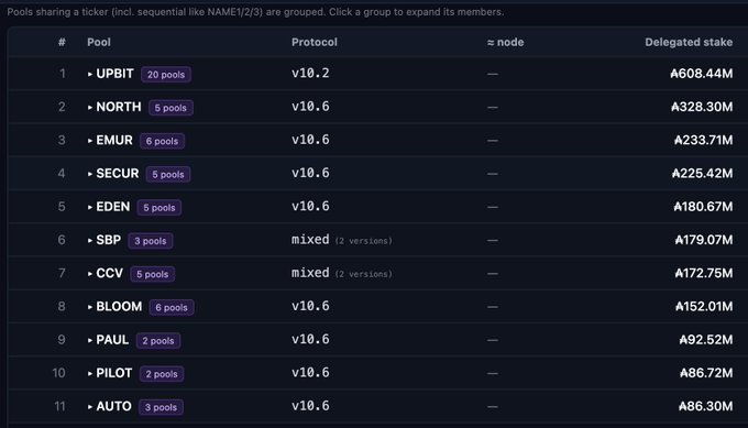 The image shows a table with columns for different types of pools, such as Uptr, P2P, and P2V6. The rows display various data points about these pools, including their respective stake counts and the number of nodes in each pool. The main focus is on the P2V6 pool, which has a high stake count and many nodes.