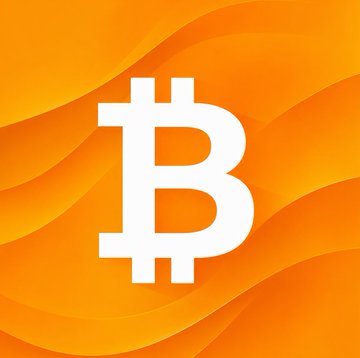 A stylized white Bitcoin 'B' logo with vertical strokes is centered on a vibrant orange background with curved wave patterns.